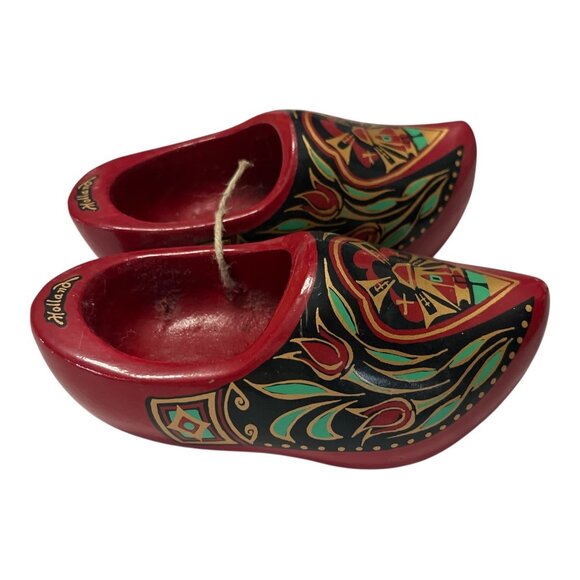 Vintage Dutch Wooden Clogs – Hand Painted Holland Souvenir Mini Shoes, Red Folk - Picture 2 of 5